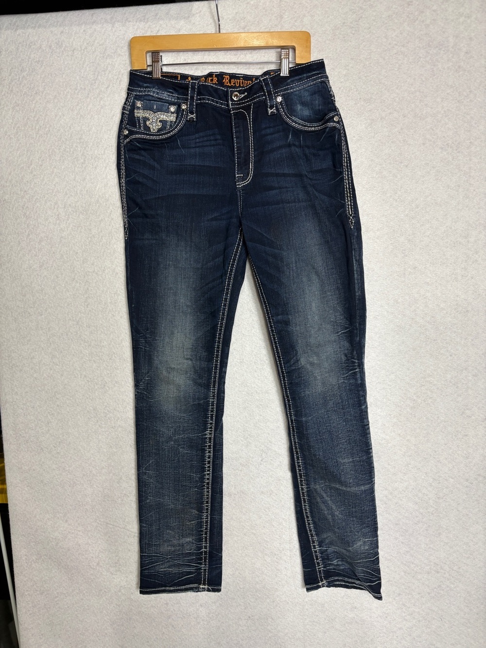 Rock Revival Women's Dark Wash Skinny Jeans with Contrast Stitching Frann Style